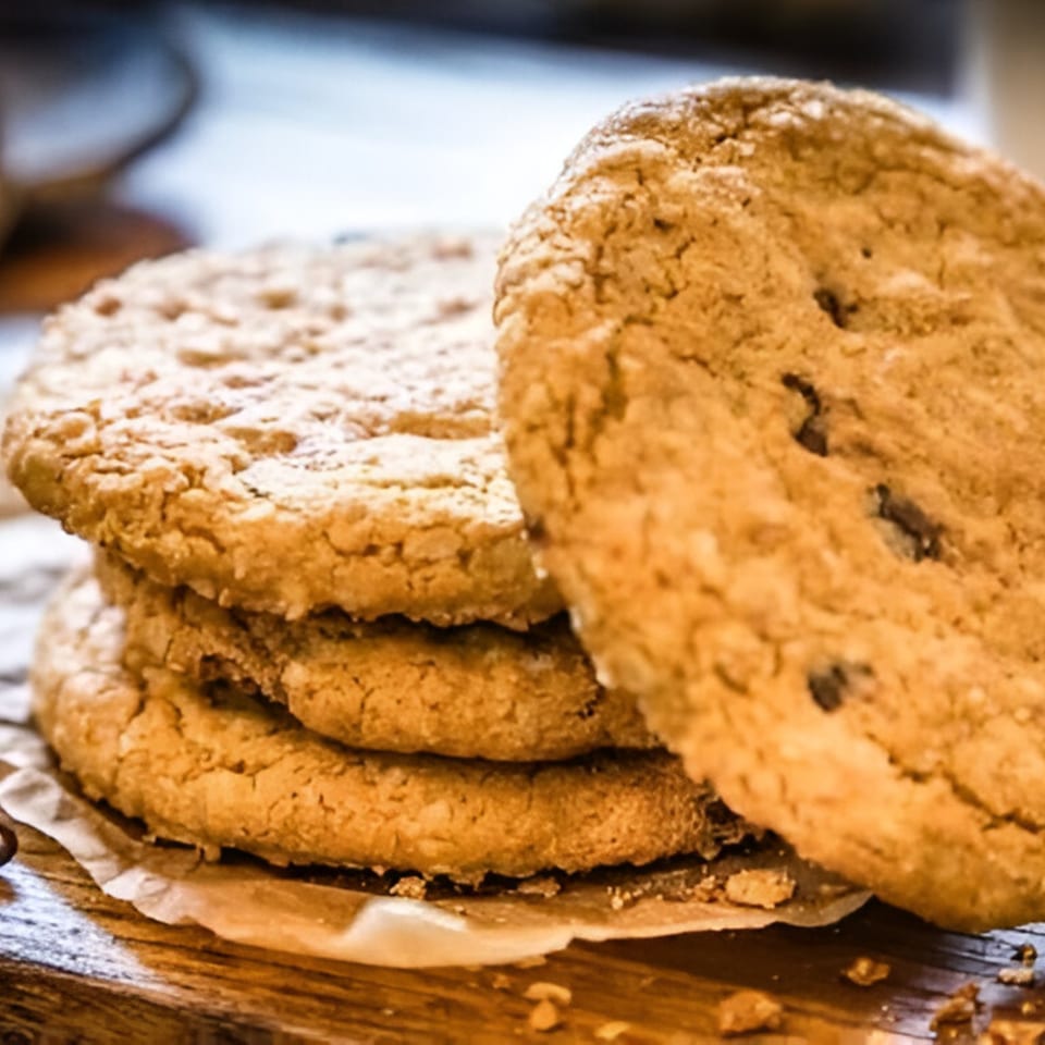 A stack of golden-brown oatmeal cookies with chocolate chips on a wooden surface.