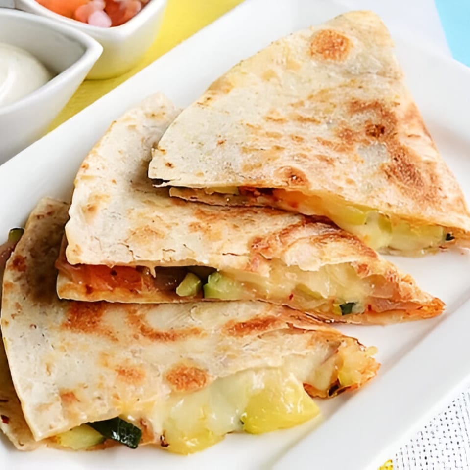 Three cheesy quesadilla wedges with melted cheese and vegetables, served with sour cream and salsa.